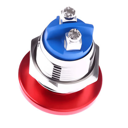 MURE K5895 16mm red mushroom head push button 12V 24V normally open with silver terminals and blue top