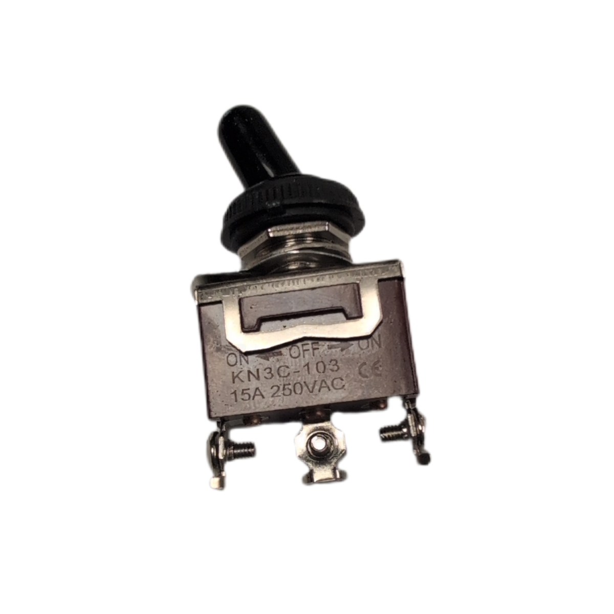 A small metal toggle flick switch with a black rubber splash proof cover and three metal terminals, photographed on a plain white background.