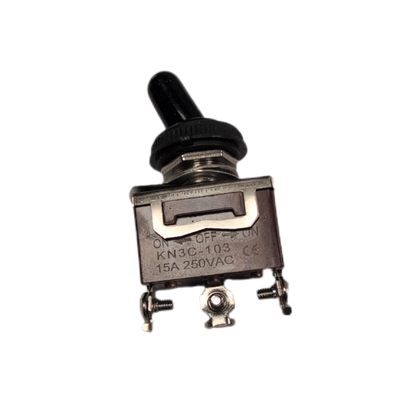 A small metal toggle flick switch with a black rubber splash proof cover and three metal terminals, photographed on a plain white background.
