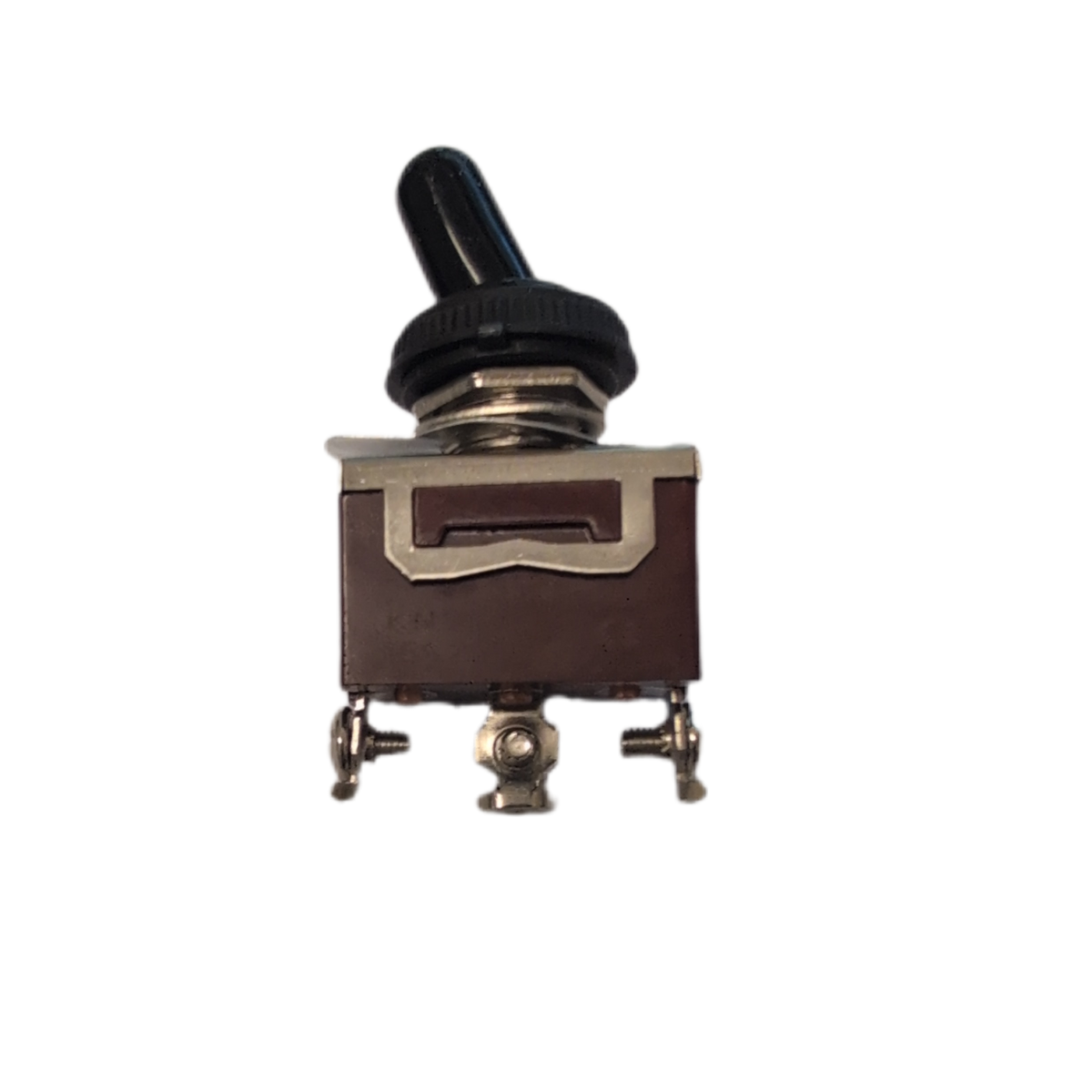 A single small electrical toggle switch component with a black rubber cover, dark brown housing, and brass-toned metal terminals, isolated on a plain white background.