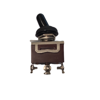 A single small electrical toggle switch component with a black rubber cover, dark brown housing, and brass-toned metal terminals, isolated on a plain white background.