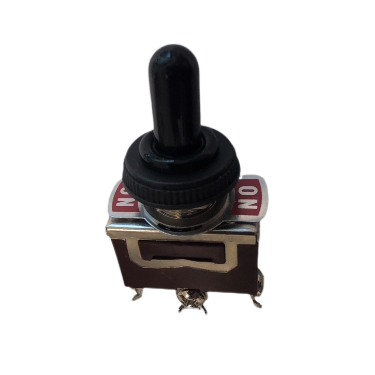 A single-pole toggle switch with a black plastic knob and a dark metal base, featuring red and white 'ON' and 'ON' labels on a plain white background.
