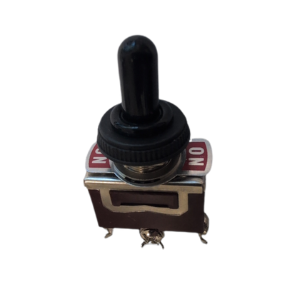 A single-pole toggle switch with a black plastic knob and a dark metal base, featuring red and white 'ON' and 'ON' labels on a plain white background.