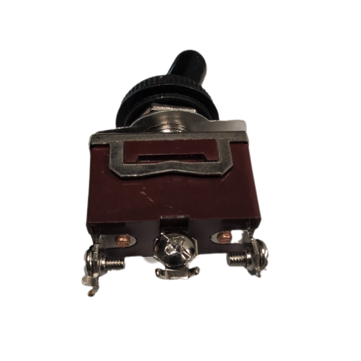 A single-pole toggle switch with a black knob, silver metal base, and a dark reddish-brown plastic housing, isolated on a white background.