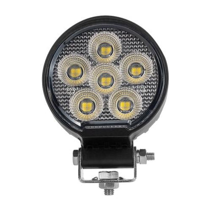 Round black 24 Watt LED flood beam work light with multiple LED bulbs visible from the front.