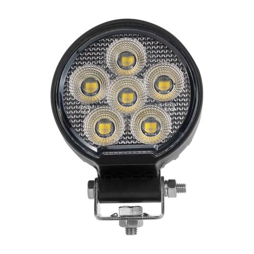 Round black 24 Watt LED flood beam work light with multiple LED bulbs visible from the front.