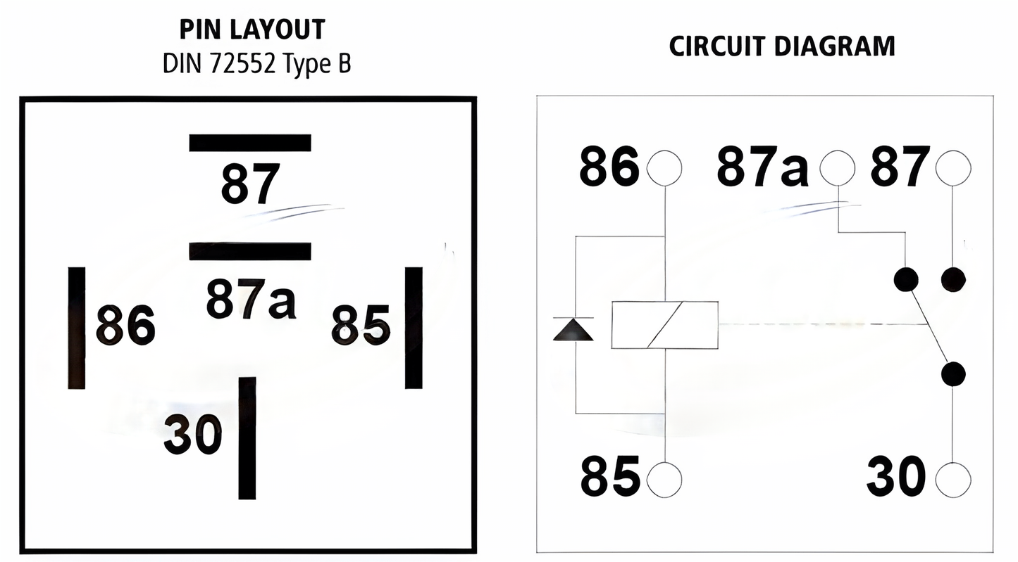 Circuit schematic of 24V 15A change-over mini relay with diode protection model 02-019 for commercial vehicle electrical use
