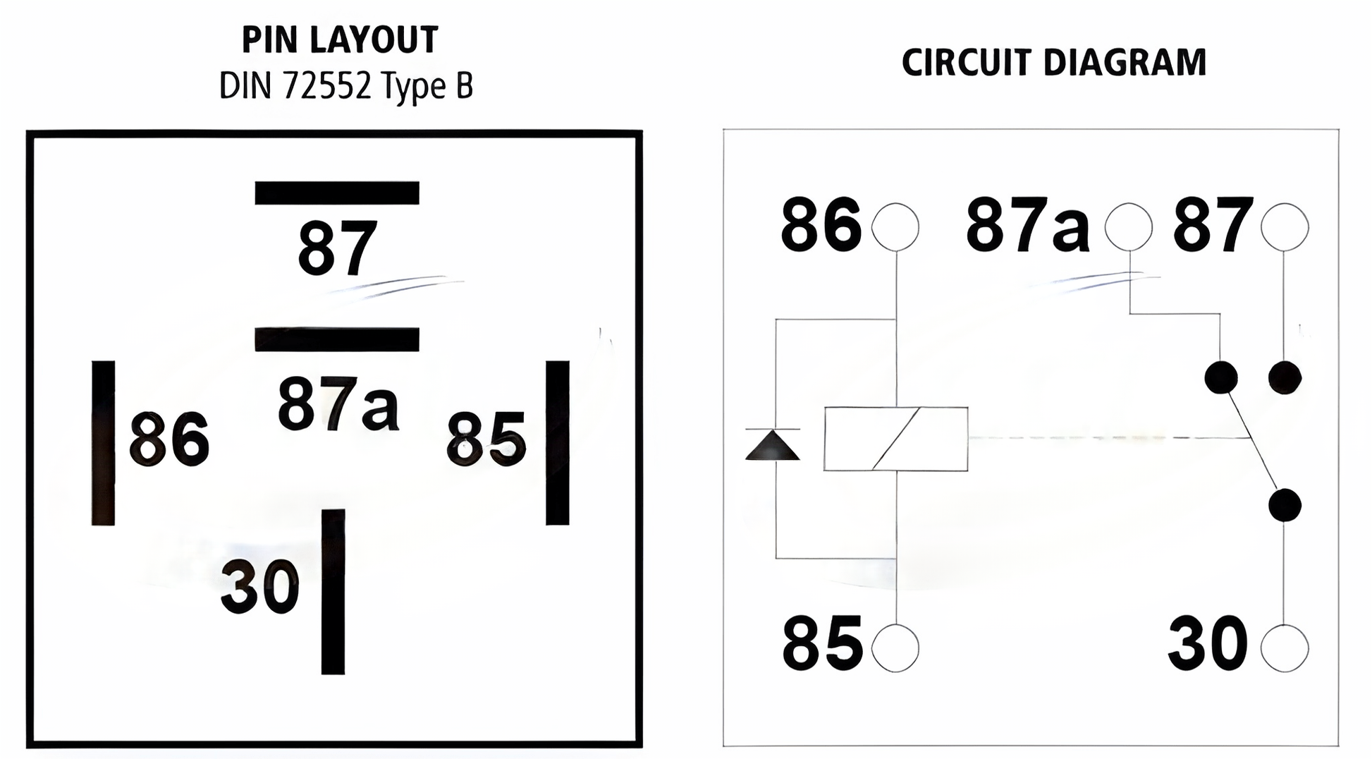 Circuit schematic of 24V 15A change-over mini relay with diode protection model 02-019 for commercial vehicle electrical use