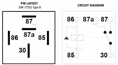 Circuit schematic of 24V 15A change-over mini relay with diode protection model 02-019 for commercial vehicle electrical use