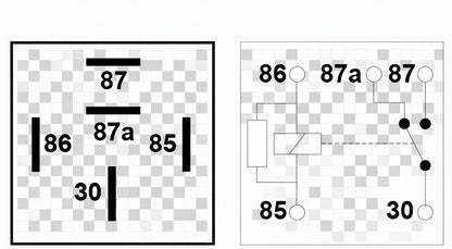 Pin layout diagram for 24V 15A change-over mini relay with resistor protection showing terminals 30, 85, 86, 87 and 87a
