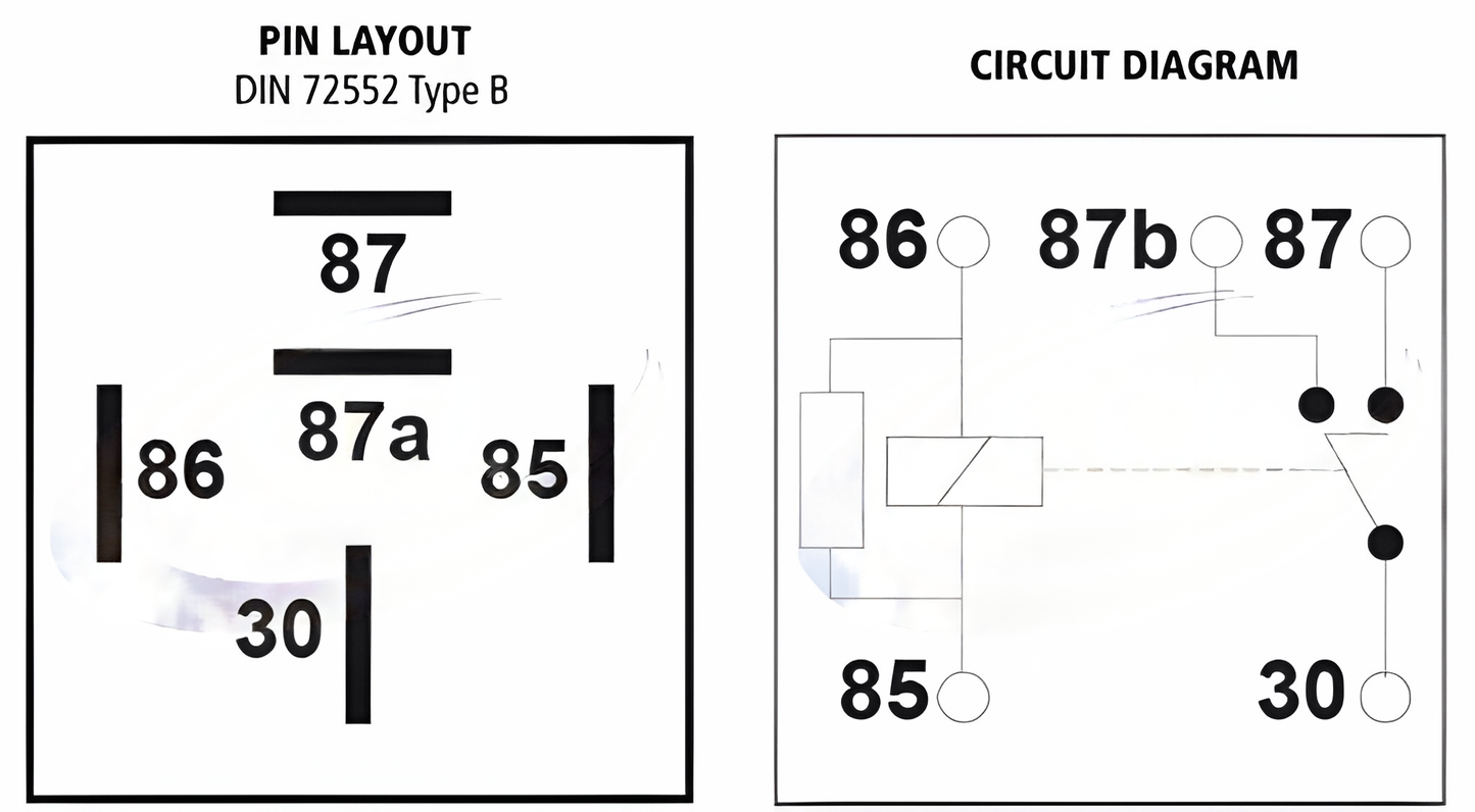 Pin layout diagram for 24V 15A change-over mini relay with resistor protection showing terminals 30, 85, 86, 87 and 87a