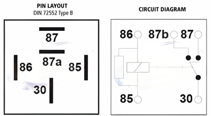 Pin layout diagram for 24V 15A change-over mini relay with resistor protection showing terminals 30, 85, 86, 87 and 87a