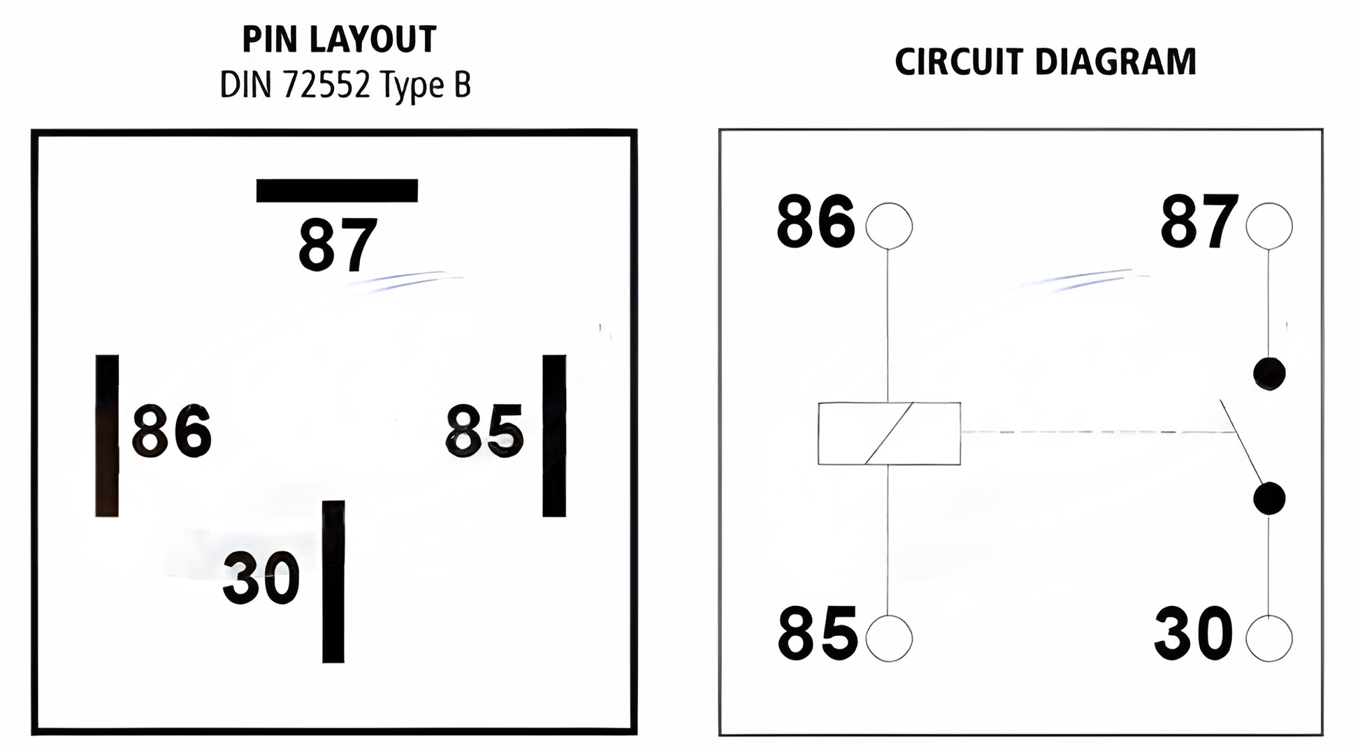Pin layout diagram for 24 V 20 A normally open mini relay 02-002 showing terminals 30, 85, 86 and 87.