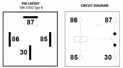 Pin layout diagram for 24 V 20 A normally open mini relay 02-002 showing terminals 30, 85, 86 and 87.