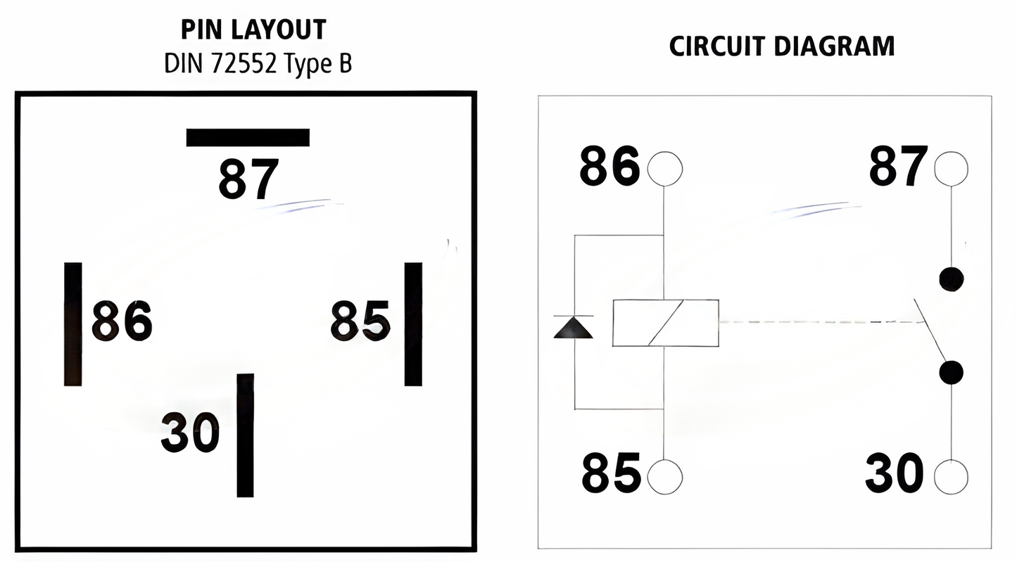 Circuit wiring diagram for 24V normally open mini relay with diode protection, showing coil, contact layout, and terminal positions.