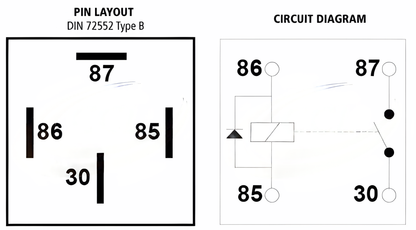 Circuit wiring diagram for 24V normally open mini relay with diode protection, showing coil, contact layout, and terminal positions.
