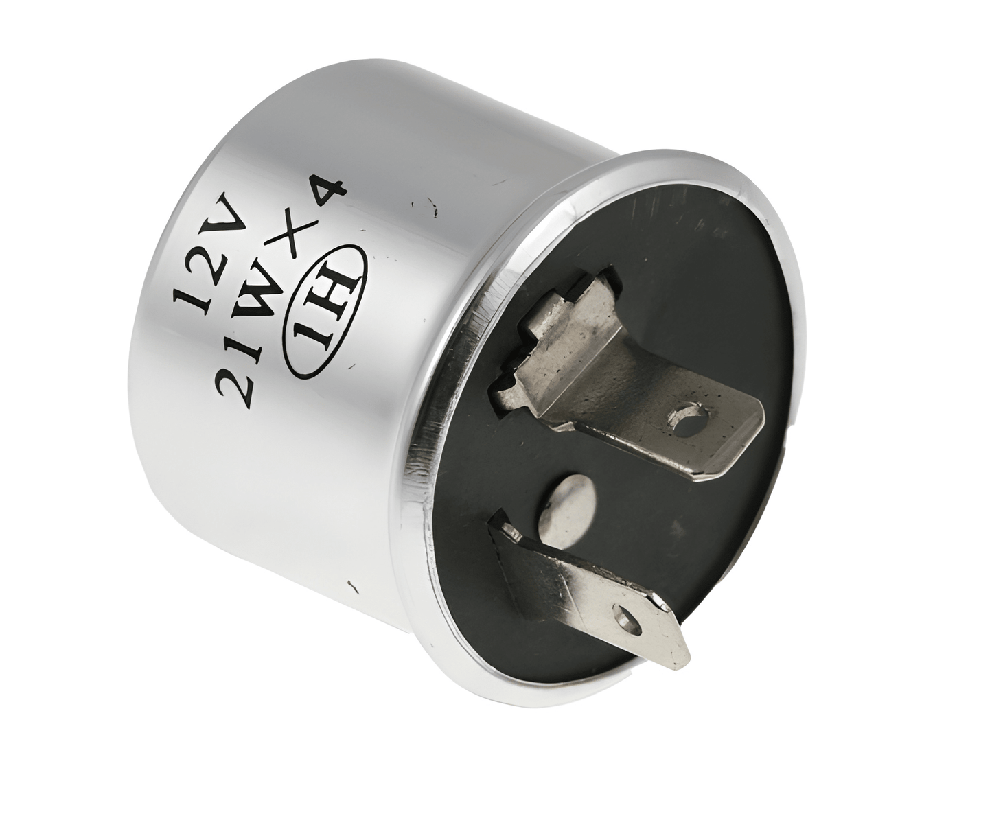 silver metal 2 pin flasher unit relay on a white background rated 12V 
