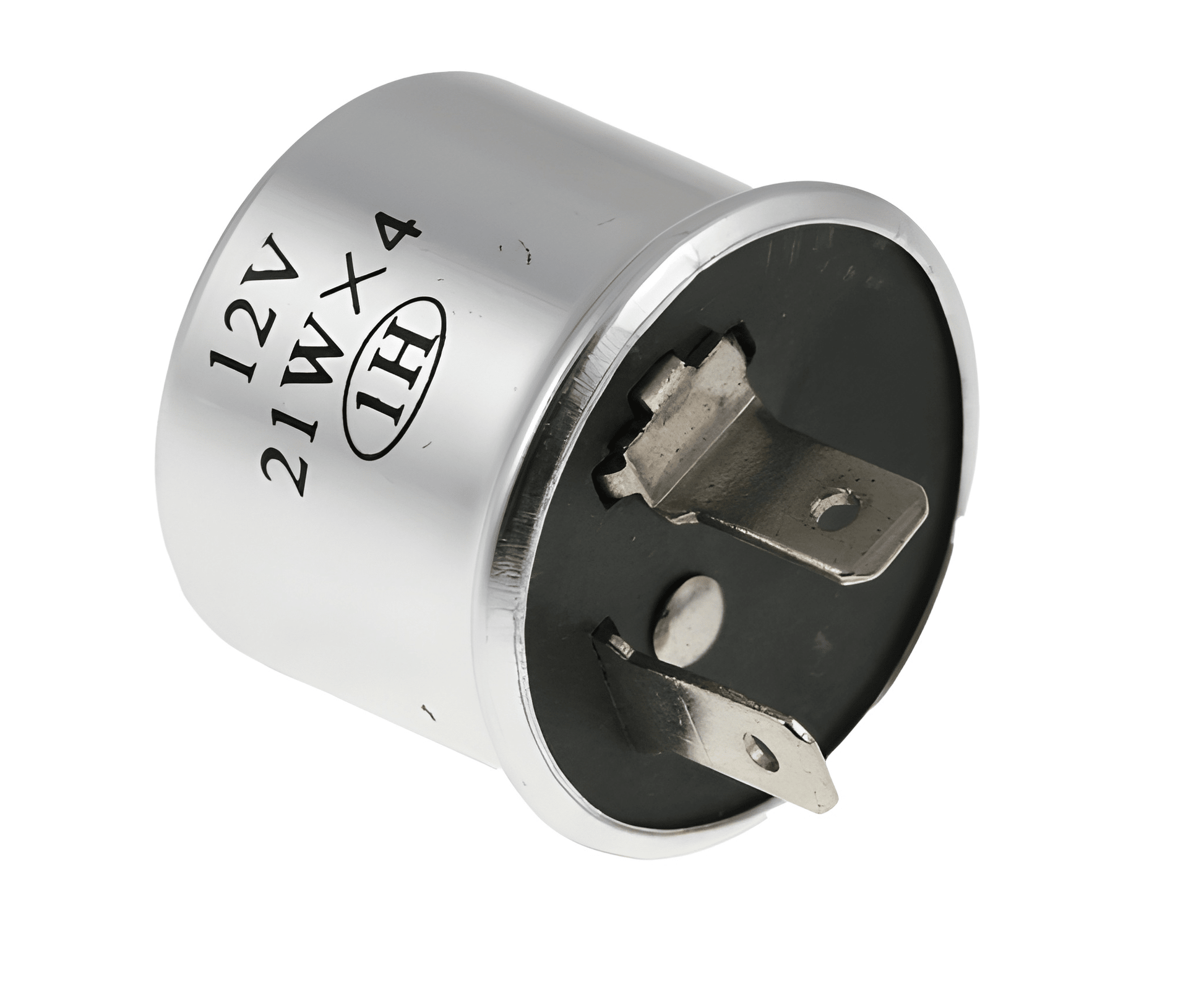 silver metal 2 pin flasher unit relay on a white background rated 12V 