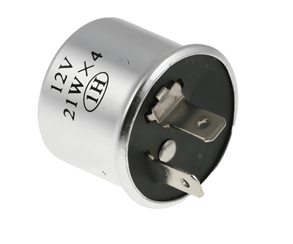 silver metal 2 pin flasher unit relay on a white background rated 12V 