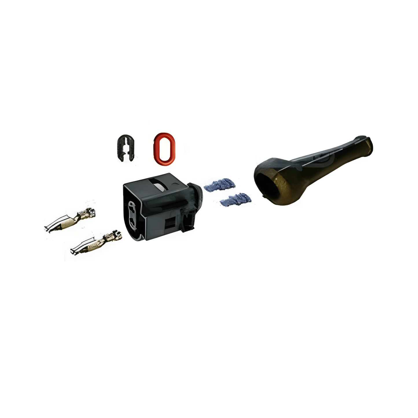 Automotive connectors and parts on a white background