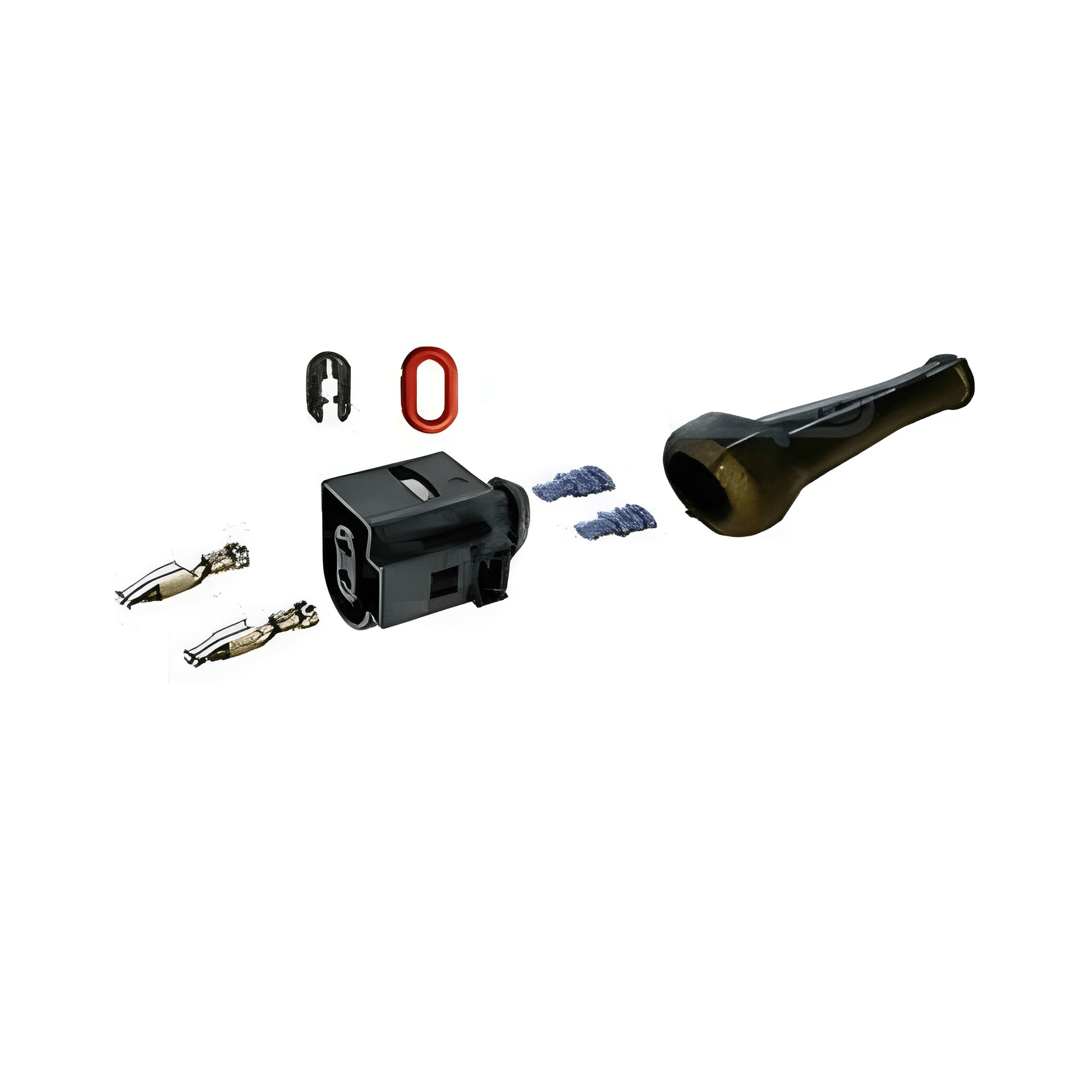 Automotive connectors and parts on a white background