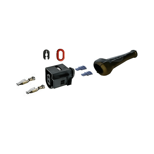 Automotive connectors and parts on a white background