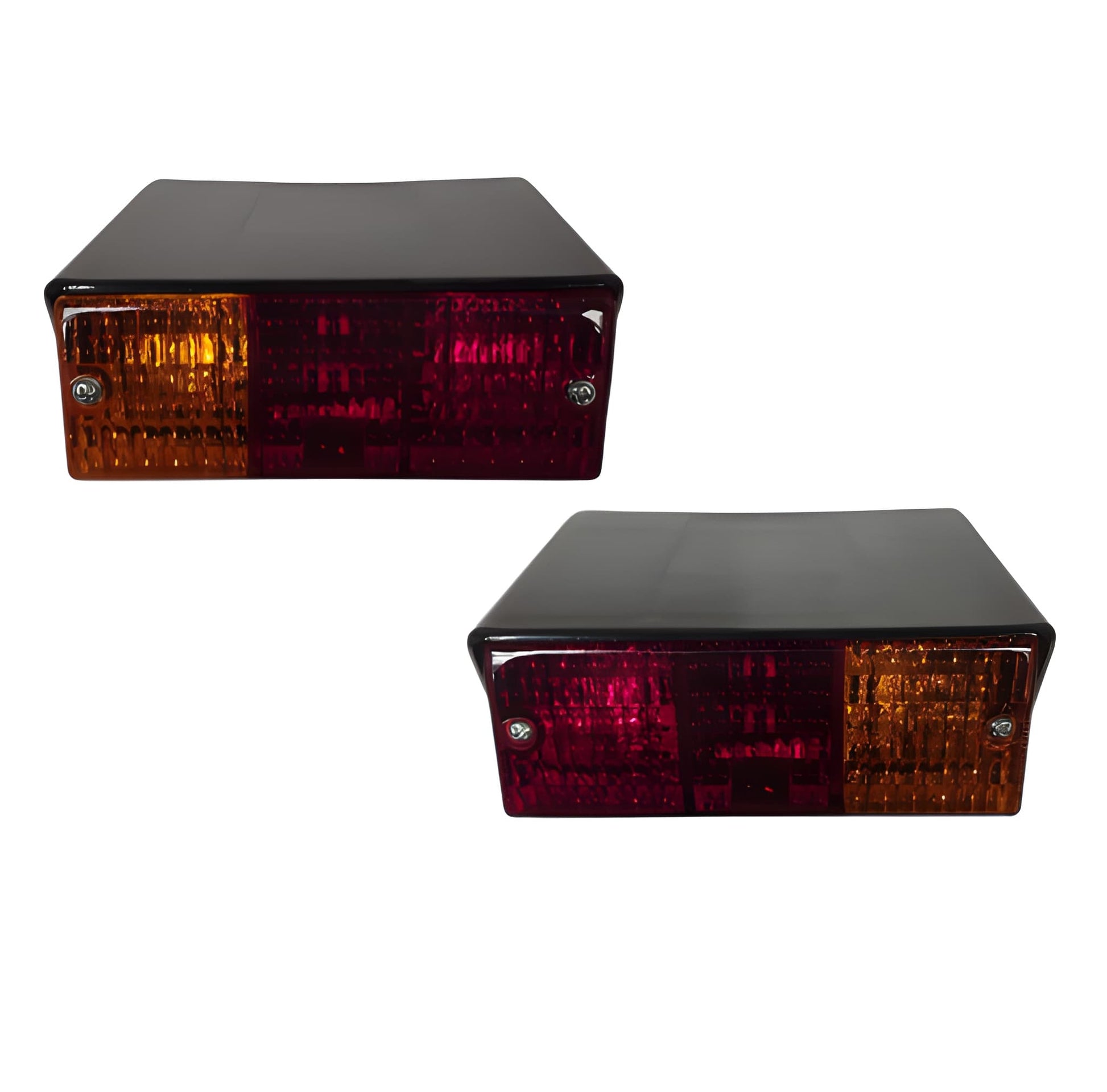 Two rectangular LED lights with red and amber lenses on a white background