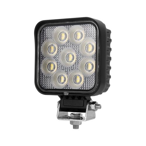 A 36W square LED flood beam work light with a black diecast aluminium housing, mounted on a bracket.