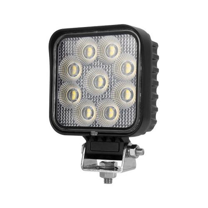 A 36W square LED flood beam work light with a black diecast aluminium housing, mounted on a bracket.