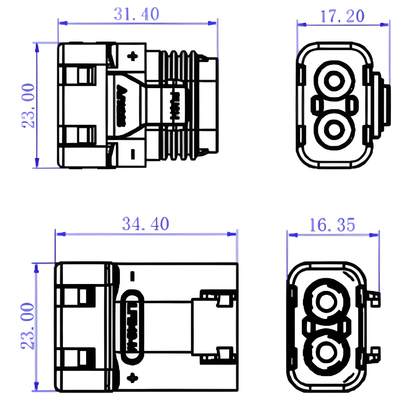 Technical drawing of MURE LFB40-MF 40 Amp male and female 2 pin power connectors with measurements
