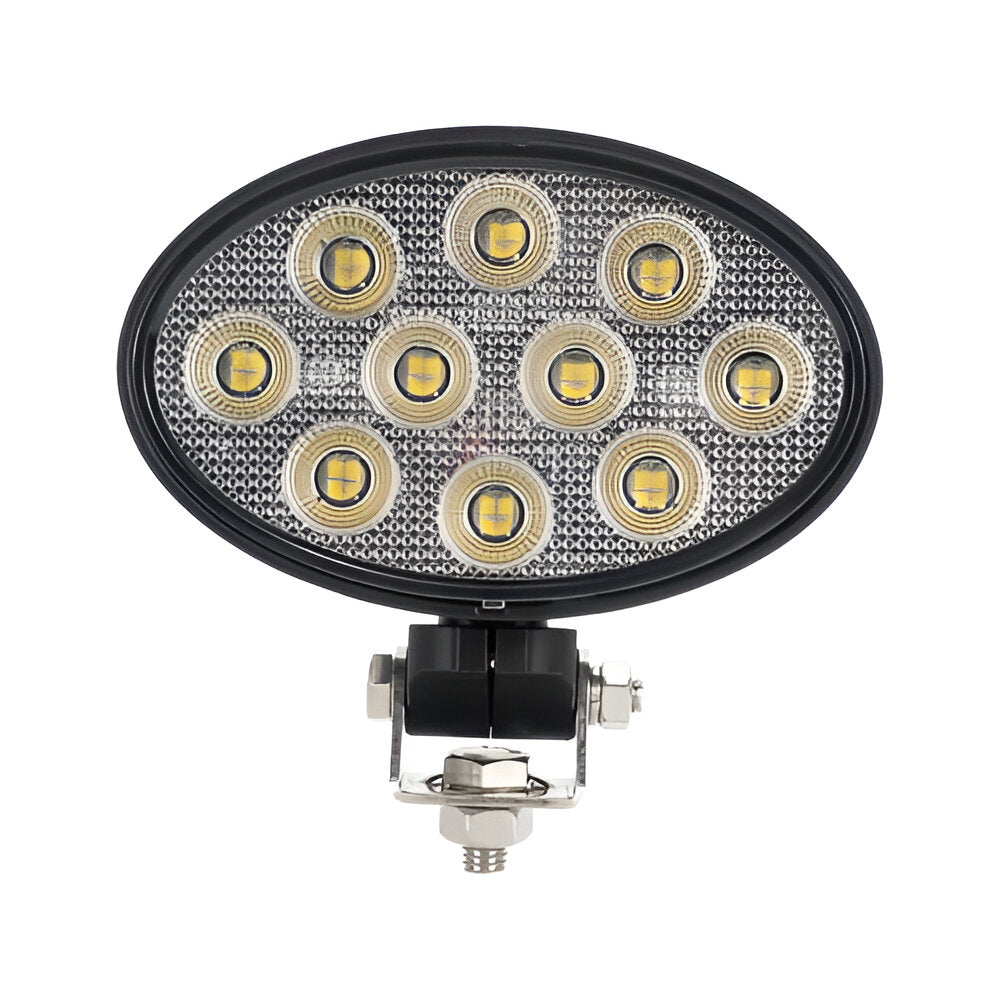 Oval-shaped LED work light with multiple lights on a white background