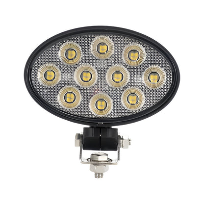 Oval-shaped LED work light with multiple lights on a white background