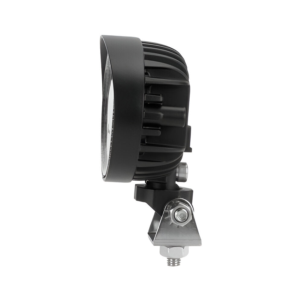 Black off-road light with mounting bracket on a white background