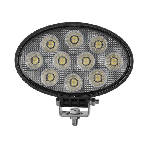 Oval 40 watt work light with 10 LED bulbs, black in color, with a metal housing.