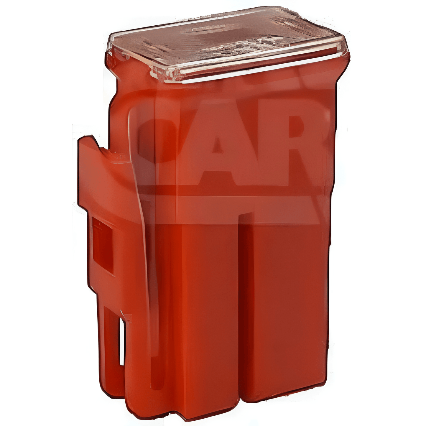 Red plastic 45 amp japanese fuse with a clear lid on a white background