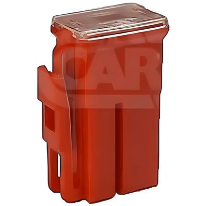 Red plastic 45 amp japanese fuse with a clear lid on a white background