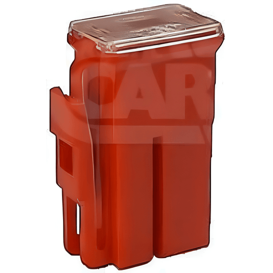 Red plastic 45 amp japanese fuse with a clear lid on a white background