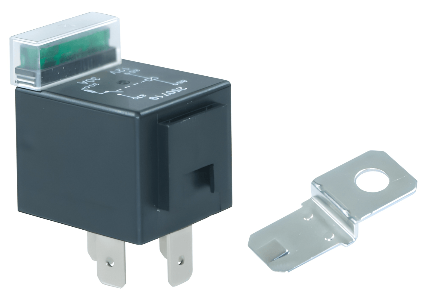 Relay switch and terminal block on a white background