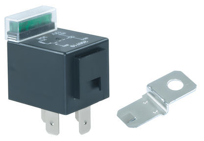 Relay switch and terminal block on a white background