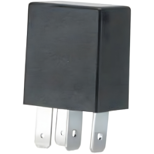 Black 4 pin automotive relay on a white background