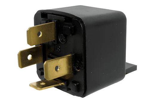 Black relay with gold contacts on a white background
