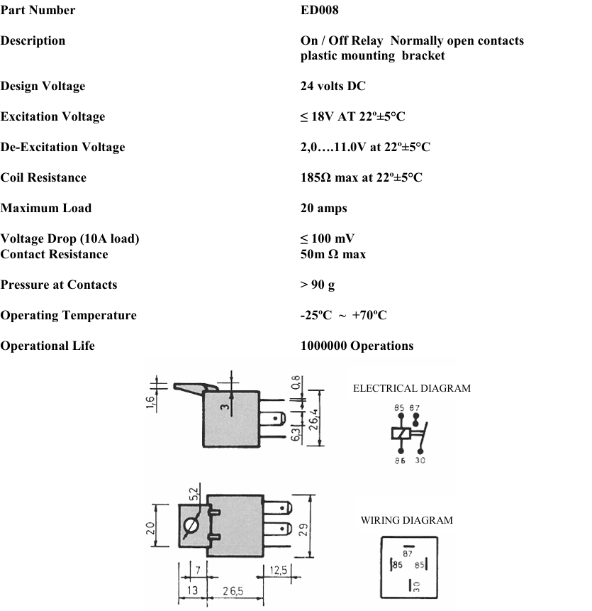 data sheet with measureents and description for on off relay ed008