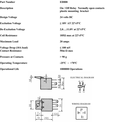 data sheet with measureents and description for on off relay ed008