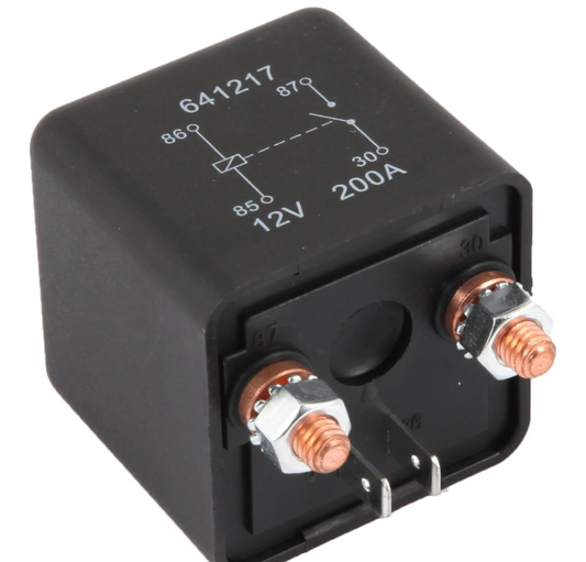 Black relay with copper terminals and specifications on a white background