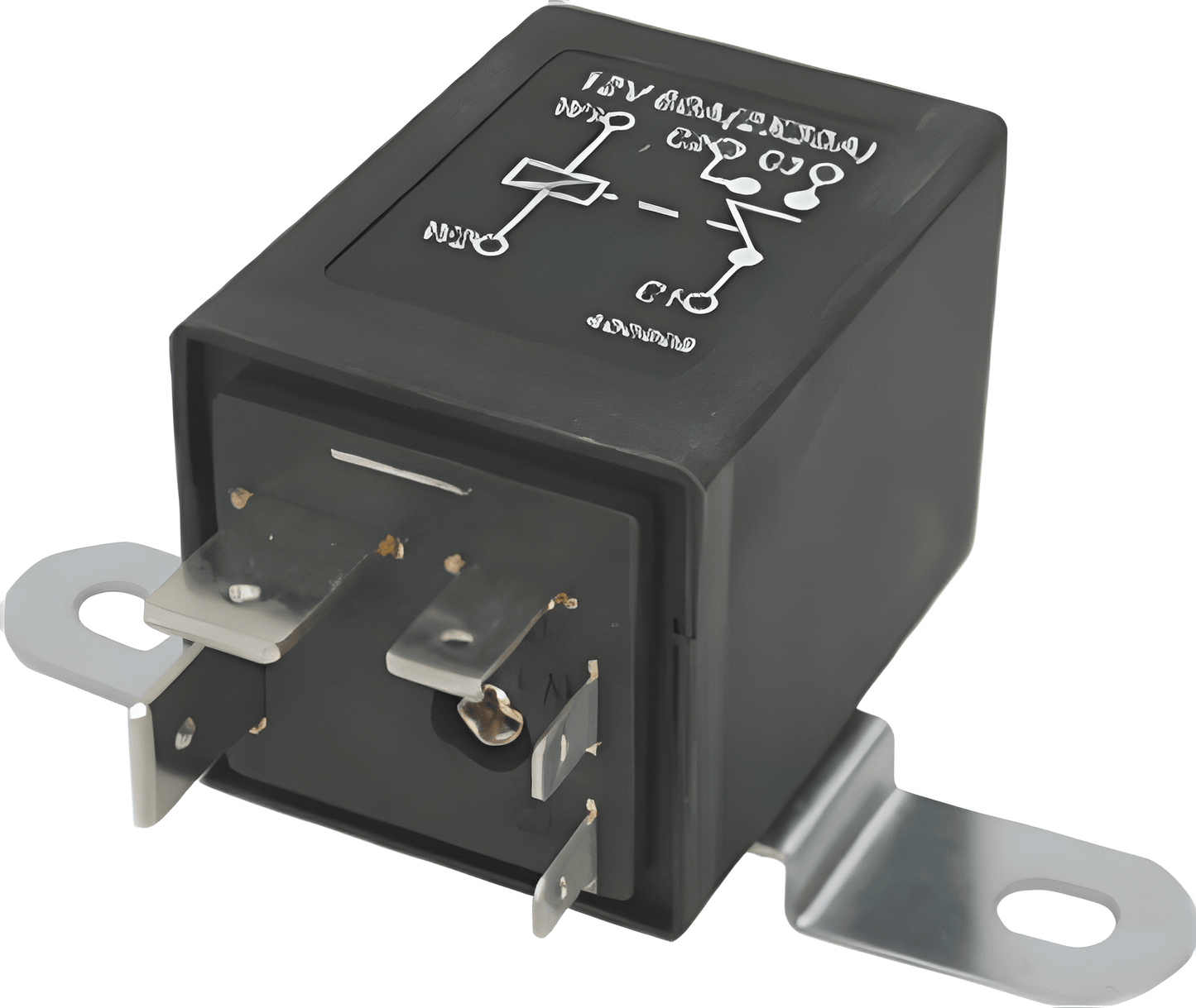 Black relay with wiring diagram on a white background