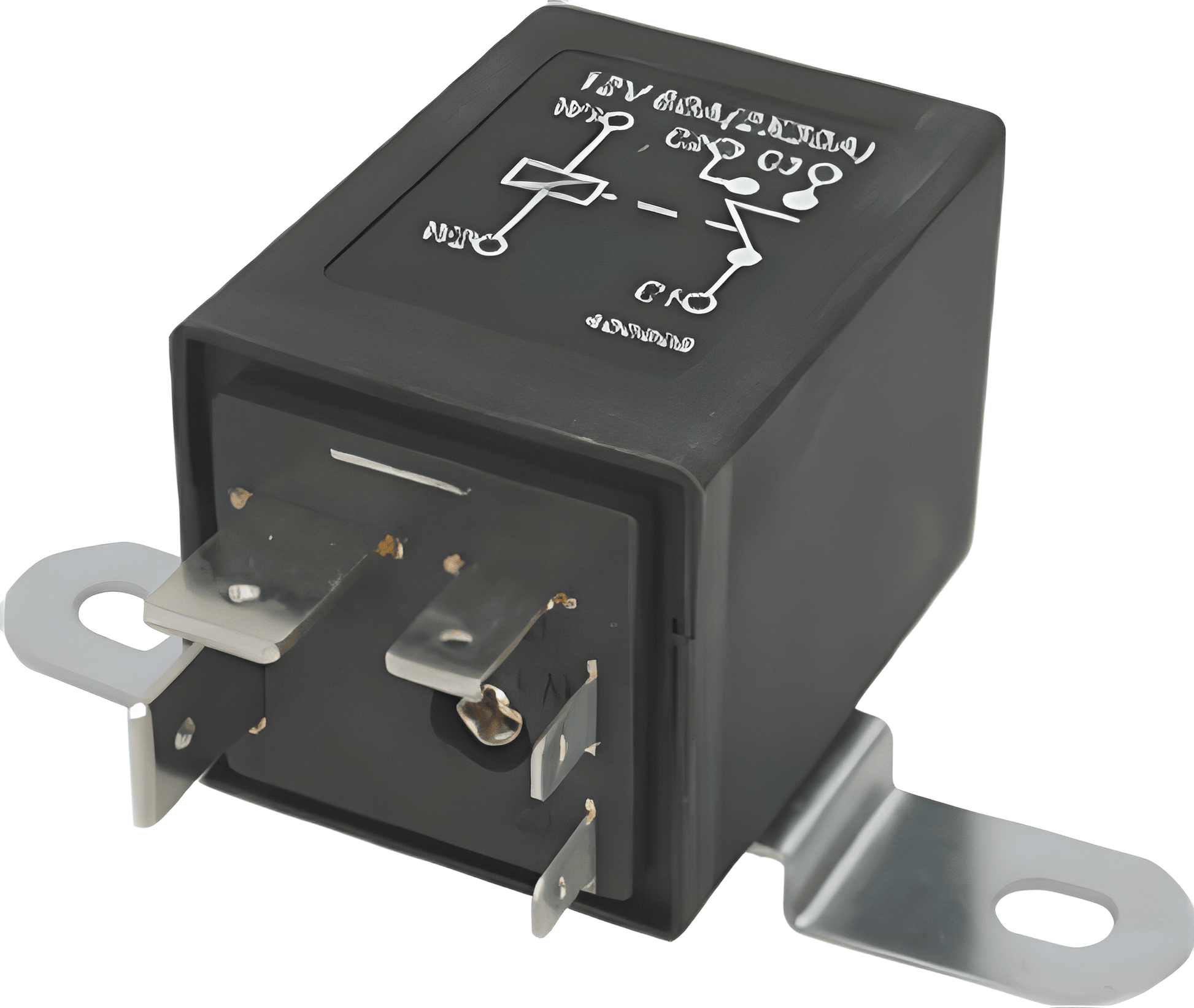Black relay with wiring diagram on a white background