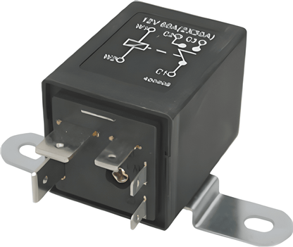 Black relay with wiring diagram on a white background