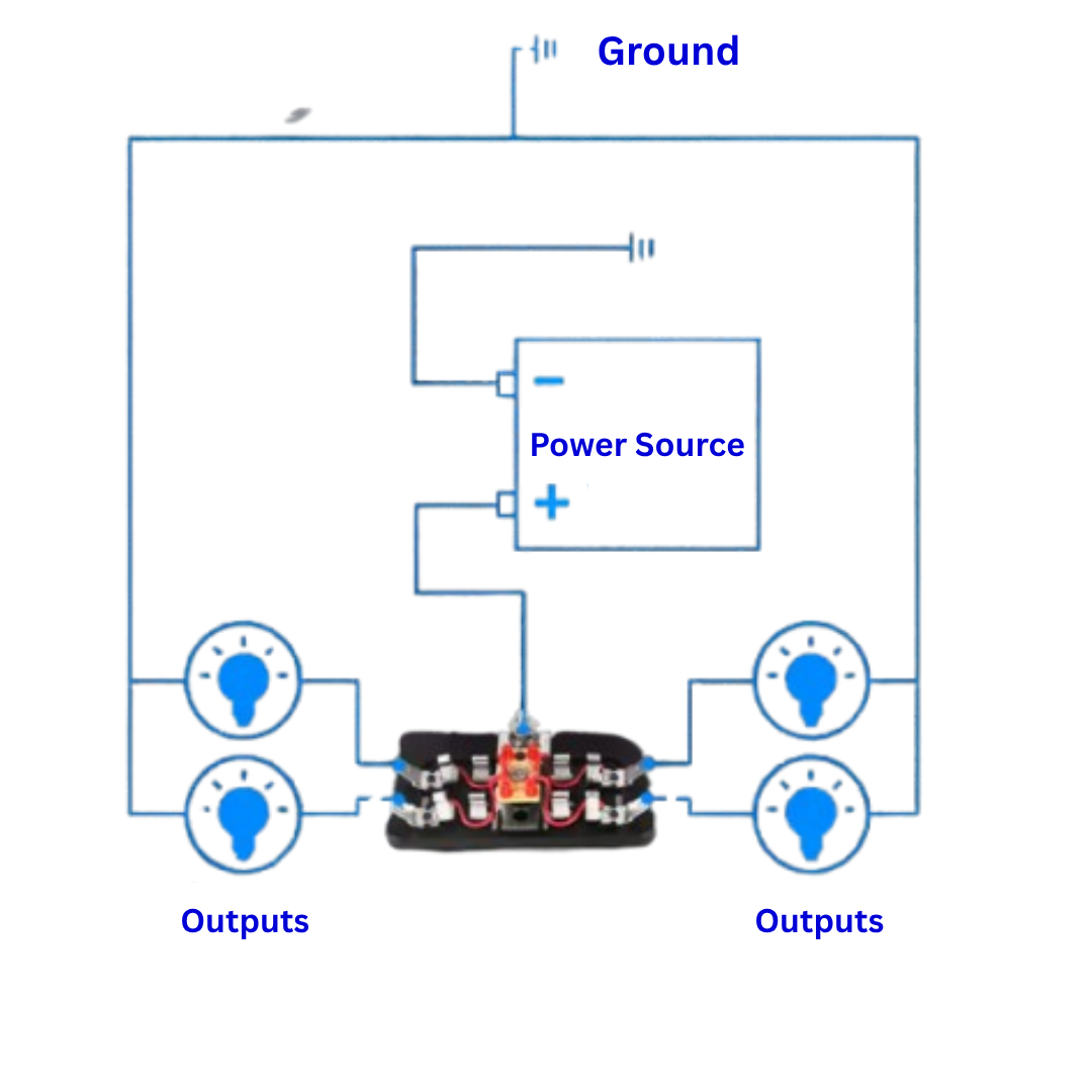 Simplified electrical circuit diagram with power source, ground, and outputs on a white background.