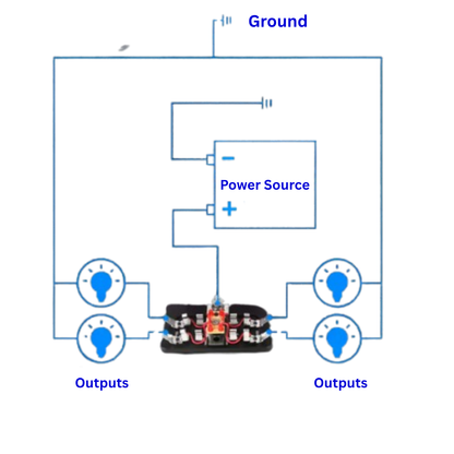 Simplified electrical circuit diagram with power source, ground, and outputs on a white background.