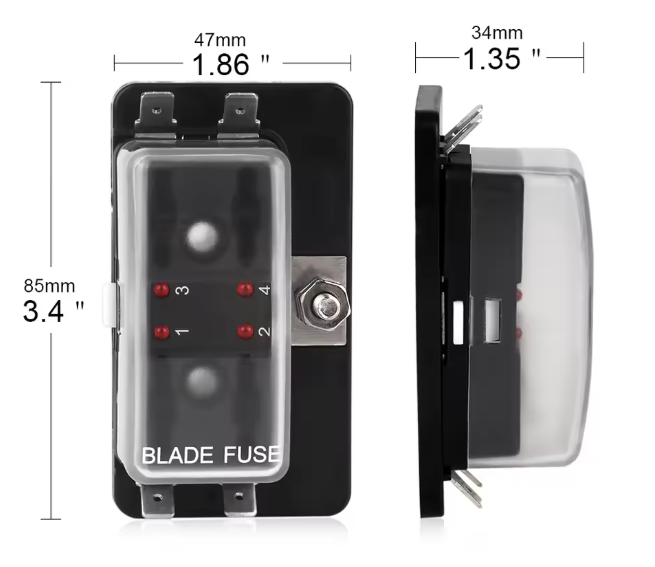4 way Blade fuse with dimensions labeled on a white background